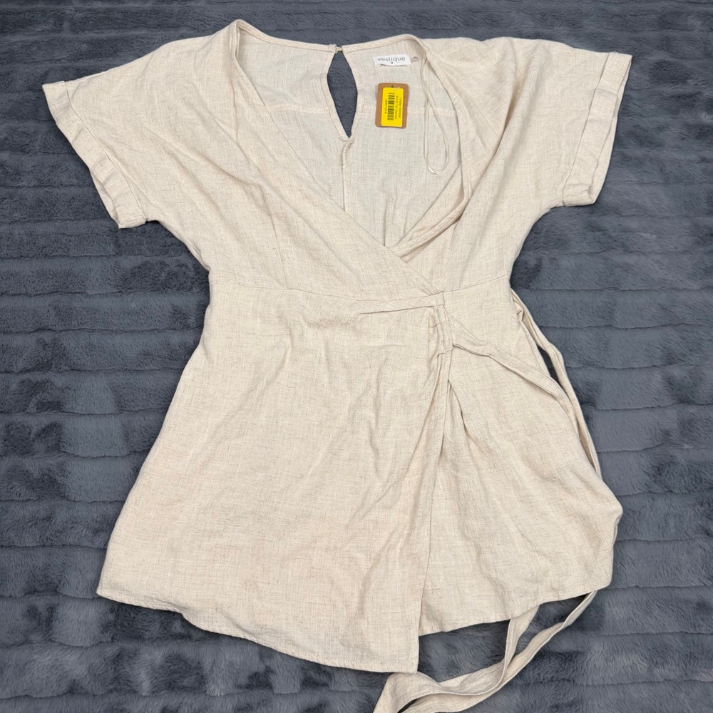 Vestique Tinsley Romper Oatmeal Linen Blend Wrap Front V-Neck MMR1100 Medium
